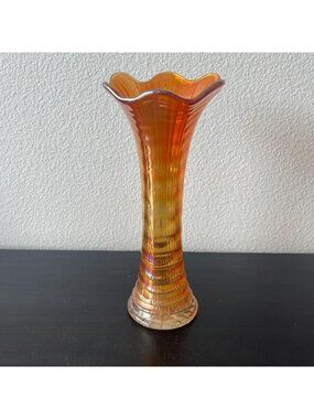 Vintage Imperial Glass Ripple Vase // Iridescent Marigold Carnival Glass // 9" T